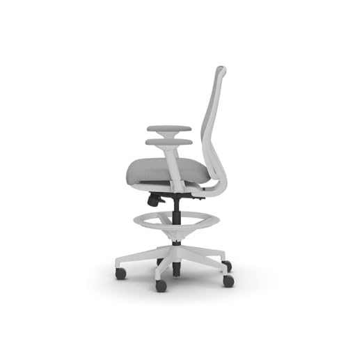 Image of HON Nucleus Task Stool, Ergonomic Office Chair, Home Office Desk Chairs, Synchro-Tilt with Seat Slider, Adjustable Footring, Height-Width Adjustable Arms, Fog Mesh, White Frame, Aspen