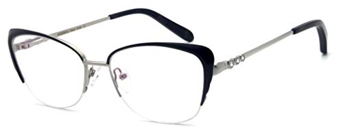 FERAVIA Demi-monture papillon élégant pour femmes Lunettes de lunette en métal sans ordonnance (couleur noir/argent) Cover