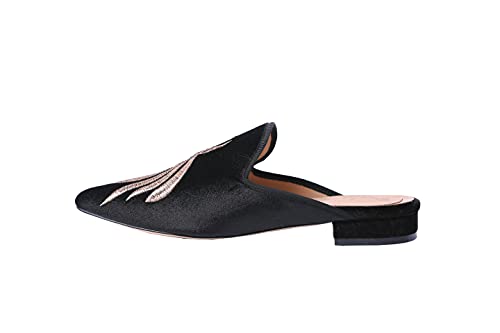 Image of Fericzot Women's Velvet Backless Pointed Toe Slip On Loafers Flats Embroidery Mule Slippers Shoes