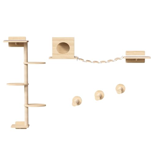 HOOBRO Cat Wall Furniture, 3-Piece Stable Cat Wall Shelves, Wood Wall-Mounted Shelves with House, Hammock, Bridge Ladder, Scratching Posts and Steps, Climbing Wall for Indoor Cats, Natural NL46CS03