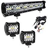 Viesyled 18In 360W 42000LM Led Light Bar 4In 60W 7000LM Pods Wiring Harness Flood Spot Combo Slim 6500K Fog Lights,Rainproof Super Bright for Boat Truck Tractor Trailer Modified Off-Road Vehicle