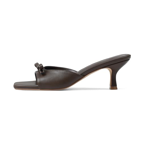 Mattiventon Brown Slip On Sandals Women Bow Kitten Heels Heeled Sandals Open Square Toe Mules Heels Cute Summer Dress Shoes Party Wedding