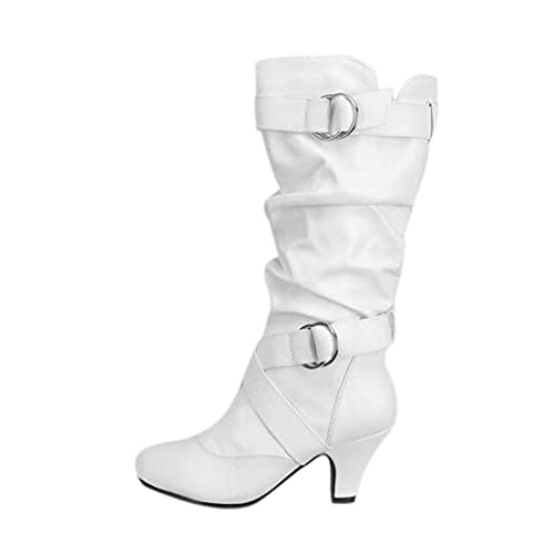 Huyounide Extra Wide Calf Winter Boots for Women's Boots High Heel Boots for Women Retro Booties Tapered Heel Boots Shoes Platform Boot White