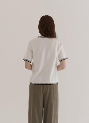 Image of Dokotoo Womens Sweaters Spring Tops Round Neck Striped Short Sleeve Hollow Out Knit Loose Pullover Sweaters White Medium