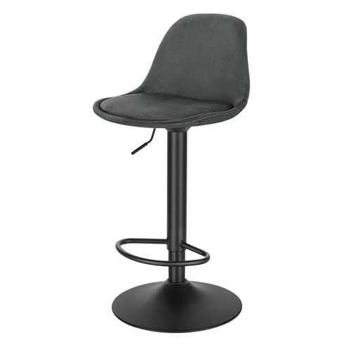 EUGAD Tabouret de Bar, pour Îlot de Cuisine, Bar, Salle à Manger, Réglable en Hauteur et Pivotante, avec Dossier, Repose-Pieds, en Velours, Gris Foncé