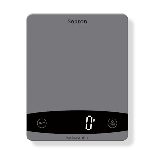 Searon Digital Food Kitchen Scale, Tempered Glass Panel, 10Kg Capacity, Food Weighing Scales with LED Display and 1g Increments for Baking, Cooking, Keto and Meal Prep - 200x160x18MM (Grey)