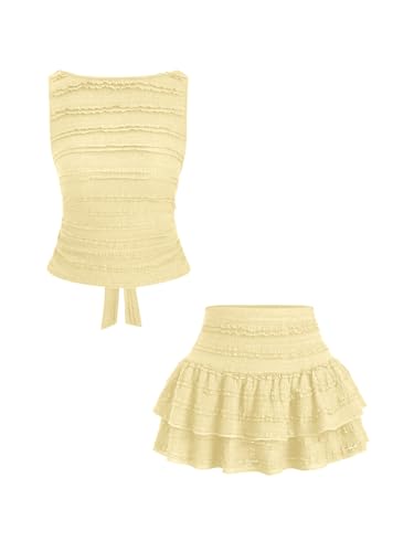 Verdusa 2 Piece Sets for Women Summer Sets Textured Tie Back Tank Top with Ruffle Layered Skirt Vacation Outfits Butter Yellow Small