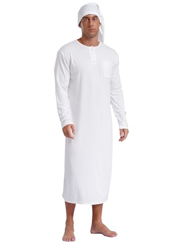 Men's Pajamas Set Long Sleeve Sleep Robe Nightshirt with Pom-pom Sleeping Cap Sleepwear4