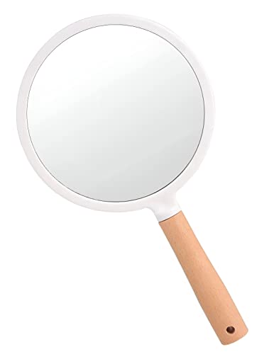 Image of Round Wooden Handle Mirror for Makeup & Travel | Portable Lightweight Handheld Vanity Mirror with Hanging Hole | Durable Plastic Frame | Natural Wood | Colour May Vary (1, Wood Handel Round)