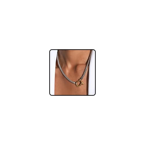 Two Tone Necklace for Women Stainless Steel Silver Wheat Chain Necklace Gold Screw Shackle Nautical Sailor Clasp Neck Choker Trendy Prom Party Jewelry Accessories Gifts