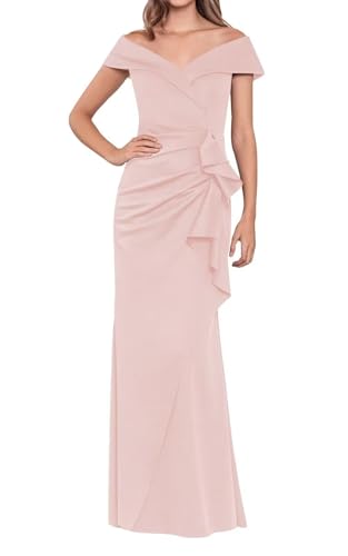 Stylefun Light Pink Off Shoulder Satin Mother of The Bride Dresses for Women Elegant Ruched Pleated Formal Dresses Long with Pleated US10