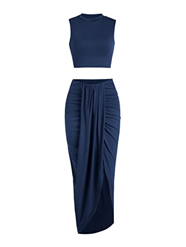 Image of ZAFUL Women's Casual Sleeveless Summer Two Piece Outfits Crop Top and Side Split Draped Ruched Maxi Skirt Set Solid Suiting