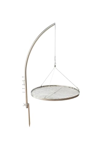 HeRo24 Grillgalgen T210 aus Edelstahl – Schwenkgrill mit 3,5 cm Rohr & Erdspieß – höhenverstellbar – inkl. 50 cm Edelstahl Grillrost – ideales Grillgestell für Garten & Lagerfeuer