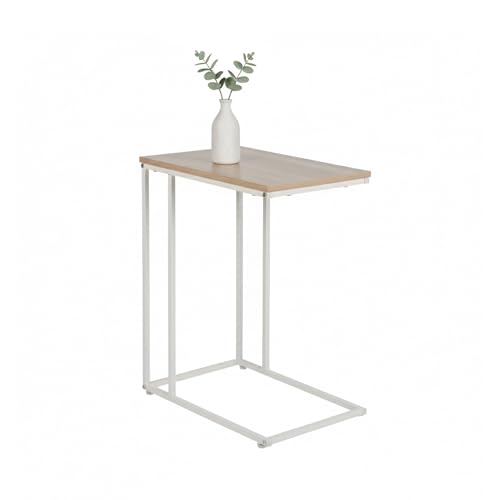 Relaxdays sidobord, HxBxD: 64 x 50 x 35 cm, MDF, metall, C-form, soffbord för soffa, vit/naturlig