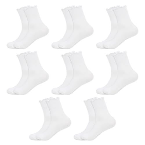 Rüschen Socken mit Rüschen Damen Dirndl Socken Damen Weiß Oktoberfest Trachtensocken Süße Söckchen Spitzensocken für damen Hochzeit Party Süße Lange Tracht Strümpfe Damensocken 35-38 Weiß (8 Paar)