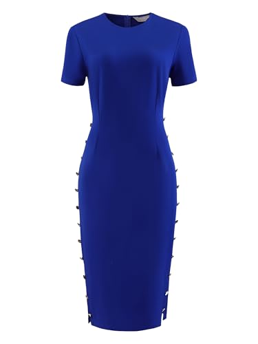 Women's Knee Length Pencil Dress Short Sleeve Button Decor Business Work Bodycon Dresses