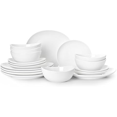 Sweese 18-Piece Dinnerware Sets for 6, Porcelain Plates and Bowls Set, Scratch Resistant Dishes, Microwave and Oven Safe Dishware, Snow White Cover
