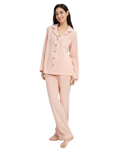 Image of Womens Muslin Pajama Set 100% Cotton Double Gauze Linen Like | Breathable Soft Comfort Button Up Loungewear Sleepwear PJ Set