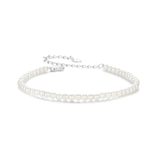 Kerraom Bracelet Femme en Argent 925 Sterling Massif avec Perles Blanches Rondes - Chaîne Ajustable Réglable - Idée Cadeau Élégant pour Fille Mariage Anniversaire