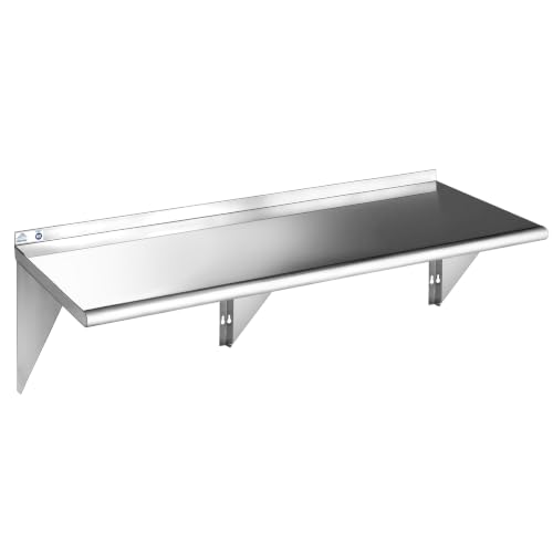 ROCKPOINT Stainless Steel Shelf 18 x 72 Inches 500lb, NSF Metal Commercial Shelves Wall Mount Floating Shelving with Backsplash for Restaurant, Kitchen, Home and Hotel, Silver