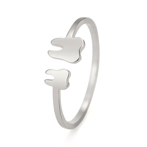 Image of YIQPKUM Cute Double Teeth Rings Adjustable Band Stainless Steel Jewellery Charms Statement Accessories Gifts for Women (Silver Plated)