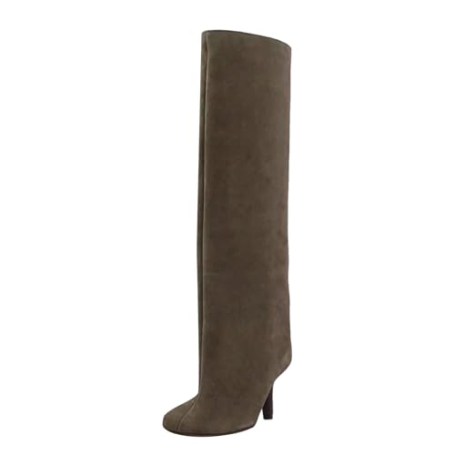 Bottes mi-mollet rétro western femme daim marron bout carré talon haut cowboy tendance
