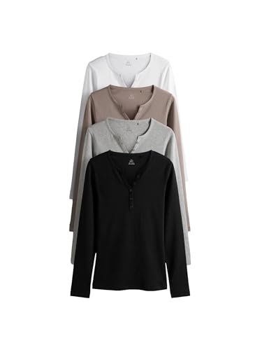 THE SET Mujeres Pack de 4 Camisetas acanaladas con Cuello Henley de Manga Larga Black/White/Light Grey/Taupe Brown S