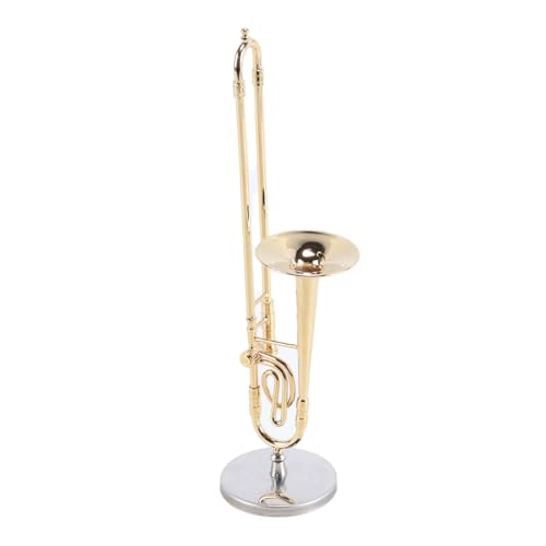 ACOLY Réplica de trombón en miniatura con soporte y estuche, instrumento chapado en oro, réplica de trombón de saxofón en miniatura chapado en oro de 14 cm.