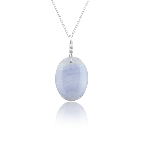 AURA GEMS Natural Blue Lace Agate Crystals Pendant Necklace, Chakra Energy Healing Gemstone, Real Crystal, Birthstone, Beautiful Women Simple Jewelry, Silver Plated Jewelry 18 inch