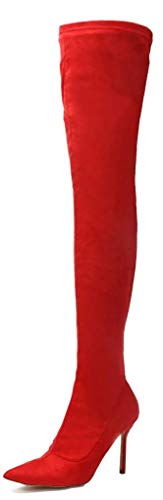 Women's Thigh High Boots Faux Suede Elasticity Heels Over The Knee Boots Side Zip Pointed Toe Fashion Sexy Winter Stiletto Knee High Boots Red Faux Suede Size US7.5 EU38