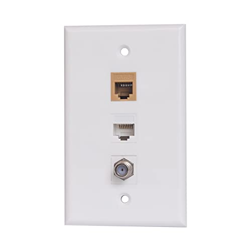 BUPLDET Single Gang Ethernet Coax Phone Wall Plate - 1 Port Cat6 RJ45 Jack + 1 Port CAT3 Telephone RJ11 Jack + 1 Port Coax Cable RG6 F-Type Connector BUPLDET Single Gang Ethernet Coax Phone Wall Plate - 1 Port Cat6 RJ45 Jack + 1 Port CAT3 Telephone RJ11 Jack + 1 Port Coax Cable RG6 F-Type Connector