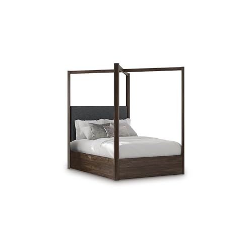 Image of Signature Design by Ashley Kendamor Modern Canopy Bed with Upholstered Headboard and Nailhead Accents, Foundation or Box Spring Needed, Queen, Dark Brown