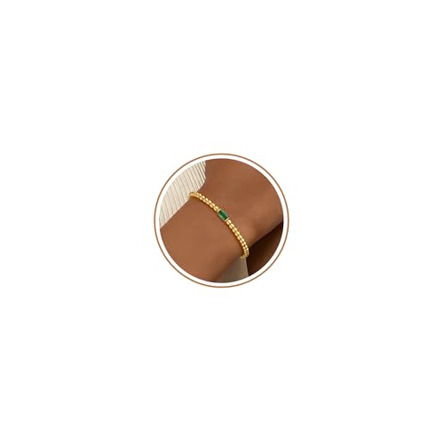 FUNEIA Birthstone Gold Beaded Bracelets for Women Non Tarnish Trendy Dainty 14K Gold Plated Cute Stackable Bead Stretch Friendship Bracelet Stack for Best Friend Couples Birthday Gifts Jewelry