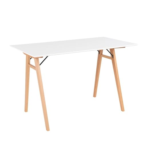 Bureau - Blanc - Pieds en bois naturel