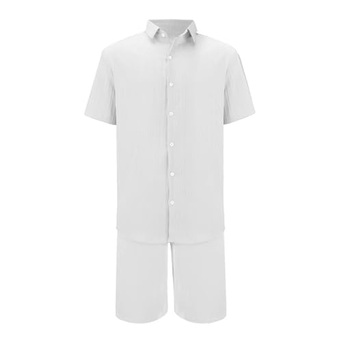 Men Summer Casual Short Sets Solid Textured Short Sleeve Button Down Shirt Drawstring Shorts 2 Piece Beach Outfits3