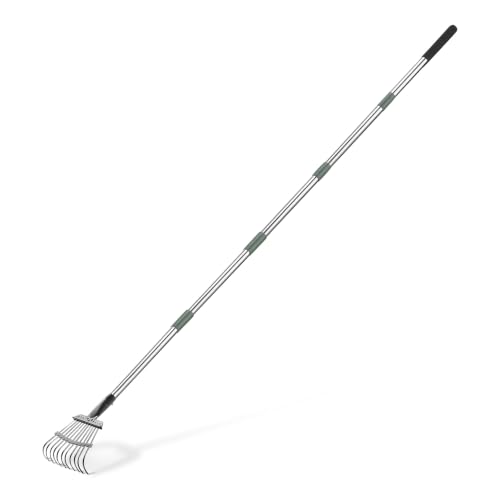 Amazon Basics Garden Rake Leaf rake with 97.7-204.5cm Adjustable Steel Handle Gardening tools for Leaves Pine Needles Debris Olive/Black/Silver