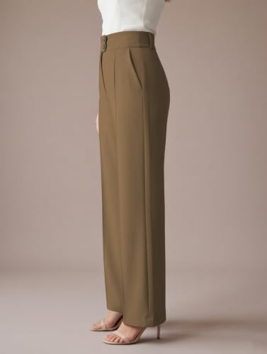 Image of GRECIILOOKS Korean Style Trousers | High Waist Wide Leg Formal Pants | Ankle Length Stretchable Office Wear | Button Closure Straight Fit | Regular Fit Pants for Women
