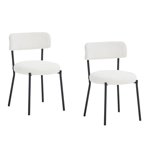 AWQM Dining Chairs Set of 2, Mid-Century Modern Kitchen Dining Room Chairs, Boucle Dining Chairs with Black Metal Legs for Kitchen, Living Room, White