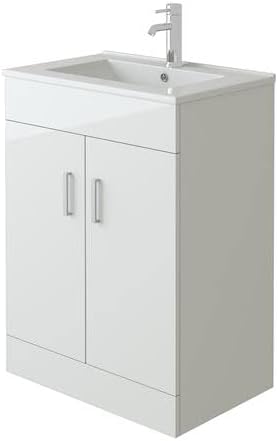 VeeBath VUMW60 Sphinx Free Standing Basin Vanity Cabinet Unit with 2 Swing Doors & Rectangular Sink-600mm, High Gloss White Flatpack - 600mm