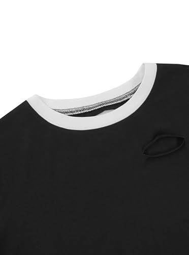 Image of Avanova Women Raglan Shirt Ripped Distressed Crop Tops Short Sleeve Cropped T Shirts Summer Tee Black White Small