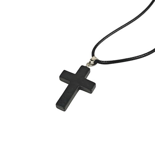 Shungite Crystal Cross Necklace - Black Healing Pendant with Leather Cord