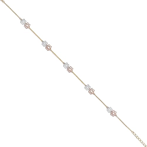 14k Tri Color Gold Flower Bracelet - 7+1"4
