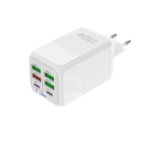 Cargador Multiple USB C 150W, Estación de Carga Rápida 6 Puertos (4 USB A + 2 USB C PD), Multipuerto Adaptador de Corriente para Teléfonos, Tabletas, Auriculares, Compatible con iPhone 16 15 14 13 12