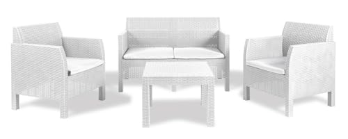 Dimensioni tavolo: 58x58x41h Toomax set Matilde da giardino da 4 posti. Divano, 2 poltrone e un tavolino, finitura in effetto rattan, colore bianco.