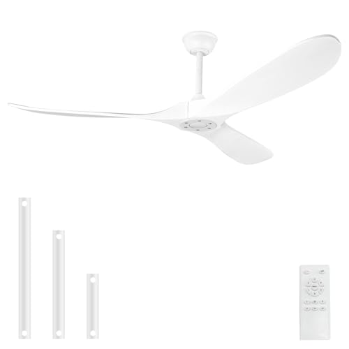 Image of Solid Wood Ceiling Fans no Light,60'' White Ceiling Fan with Remote Control,DC Motor with Large Airflow,Indoor and Outdoor Ceiling Fan for Living Room,Bedroom,Patios
