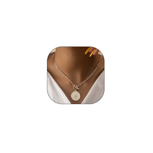Rrdaily Trendy Gold Large Medallion Pendant Necklace for Women Punk Silver Toggle Clasp Chain Choker Necklace Birthday Anniversary Jewelry Gift