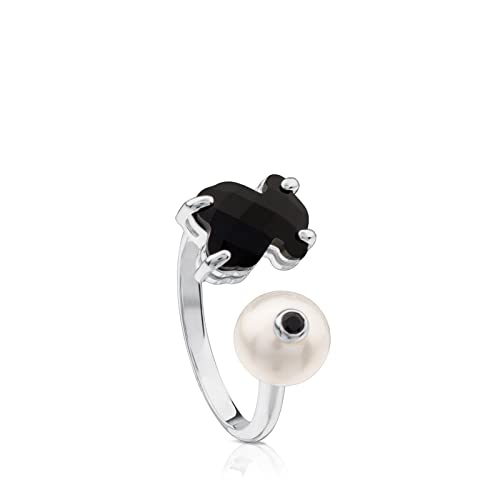 TOUS Anillo de Plata de Primera Ley para Mujer con Perla Cultivada con Espinela y Oso Ónix, Talla 13, Trendy y Personalizable, Colección Erma