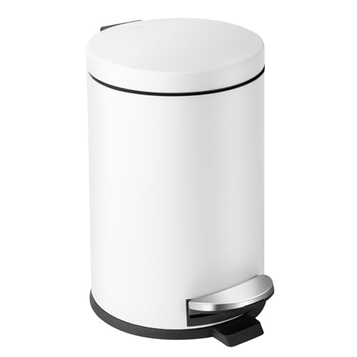 Image of Cesun 1.2 Gallons Small Trash Can with Lid, White Bathroom Garbage Can with Foot Pedal, Mini Round Wastebasket for Bathroom, Bedroom, Office, 4.5 Liters / 1.2 Gallons, White