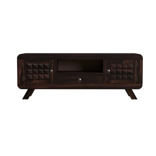 Image of Sheesham Wood Entertainment Tv Unit for Living Room | Free Standing Media Console Movable Tv Cabinet Sideboard | Tv Table Side Board with 2 Doors, 1 Drawer & Open Shelf Storage | Walnut