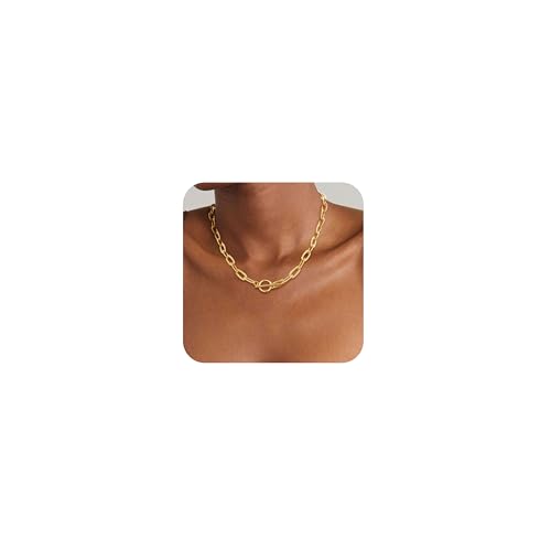 14K Gold Plated Necklace for Women Sweatproof, Non Tarnish Chunky Layered Chain Necklaces Thick Gold Layering Herringbone Paperclip Necklace Stacks Toggle Necklaces for Women Men